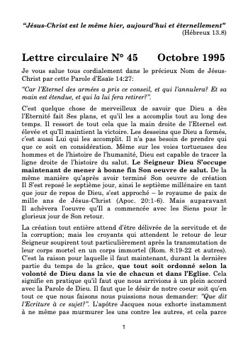 Lettre circulaire N° 45 – Octobre 1995