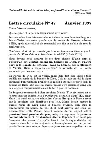 Lettre circulaire N° 47 – Janvier 1997