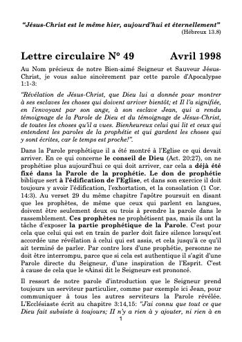 Lettre circulaire N° 49 – Avril 1998